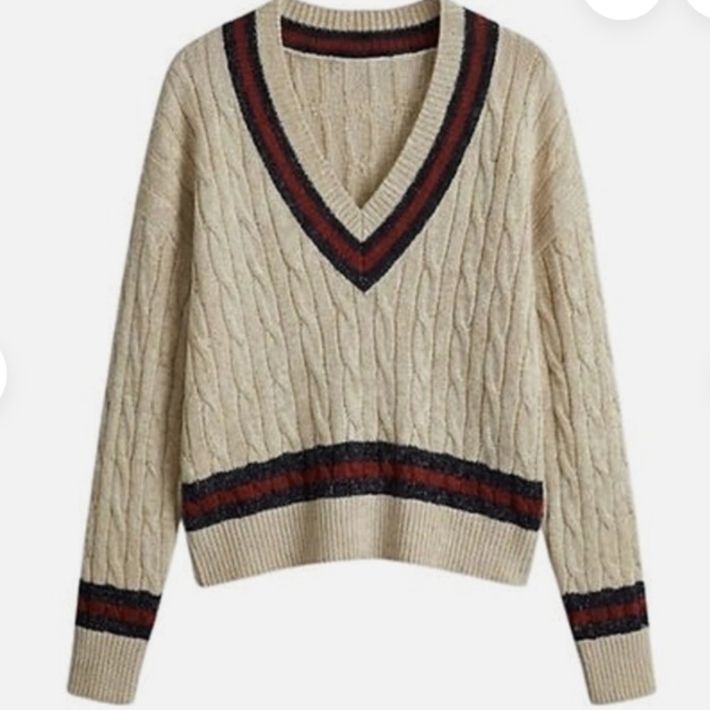 NWT TUCKERNUCK Garnet and Navy Stripe Gold Metallic Morrissey Sweater Size L - Picture 7 of 15
